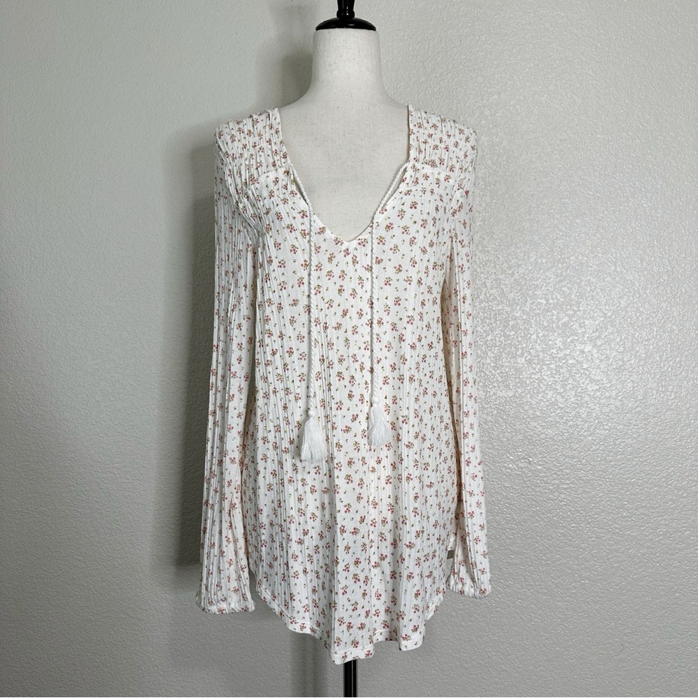 NWOT Lucky Brand Calico Floral V-neck Tassel Tie-Front Tunic Top, Sz Medium